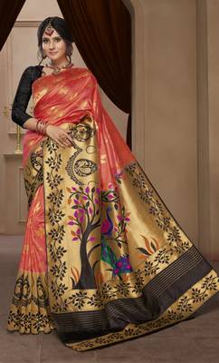 peach woven silk blend saree with blouse 1