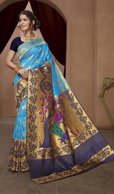turquoise woven silk blend saree with blouse 1