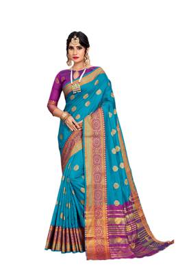 Blue woven cotton silk saree with blouse 1