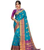 Blue woven cotton silk saree with blouse