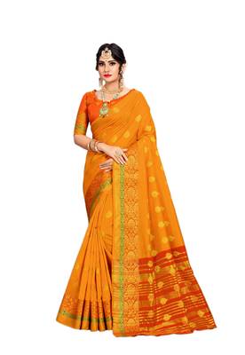 Mustard woven cotton silk saree with blouse 1