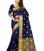 Navy blue woven cotton silk saree with blouse