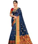 Navy blue woven cotton silk saree with blouse