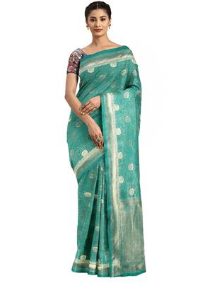 Turquoise woven banarasi saree with blouse 1