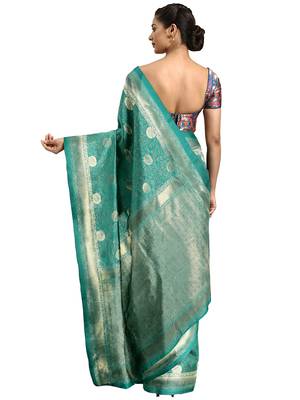 Turquoise woven banarasi saree with blouse 2
