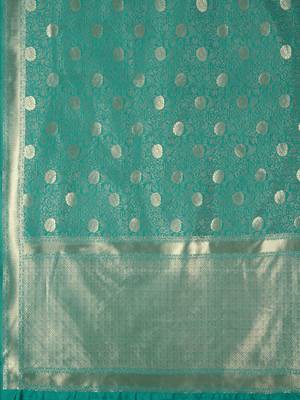 Turquoise woven banarasi saree with blouse 5