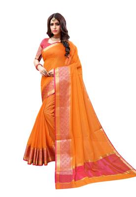 Orange woven cotton silk saree with blouse 1