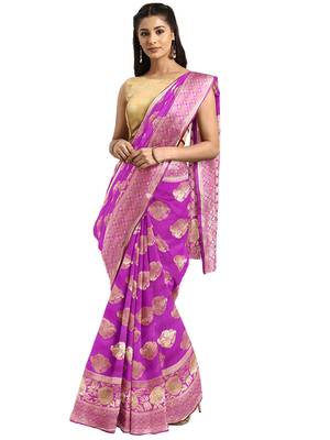 Pink woven banarasi saree with blouse 1