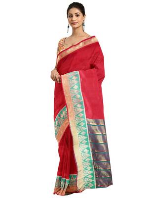 Red woven cotton silk saree with blouse 1