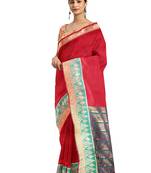 Red woven cotton silk saree with blouse