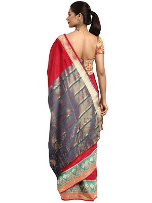 Red woven cotton silk saree with blouse 2