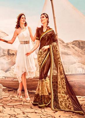   brown embroidered lycra saree with blouse 1