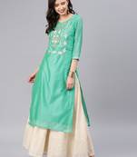 Teal embroidered chanderi kurtas-and-kurtis