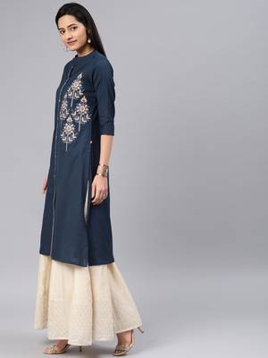 Dark-blue embroidered cotton kurtas-and-kurtis 4