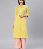 Yellow embroidered cotton kurtas-and-kurtis