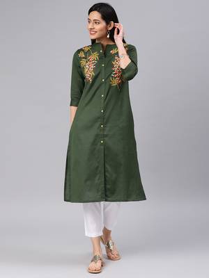 Dark-green embroidered cotton kurtas-and-kurtis 1
