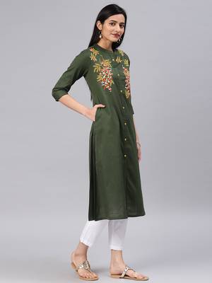 Dark-green embroidered cotton kurtas-and-kurtis 4