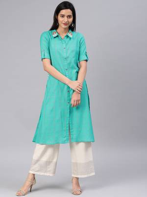 Turquoise embroidered cotton kurtas-and-kurtis 1