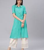Turquoise embroidered cotton kurtas-and-kurtis