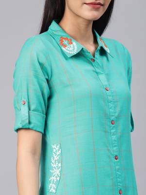 Turquoise embroidered cotton kurtas-and-kurtis 2