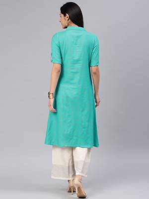 Turquoise embroidered cotton kurtas-and-kurtis 3
