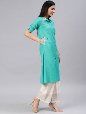 Turquoise embroidered cotton kurtas-and-kurtis 4