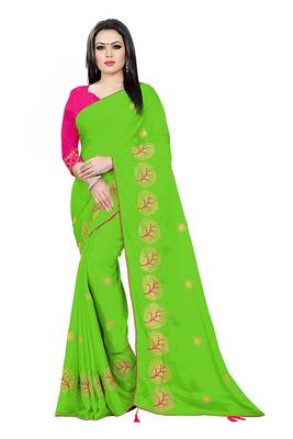 Green Embroidered Chiffon Saree With Blouse 1