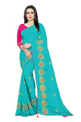Sky Blue Embroidered Chiffon Saree With Blouse 1