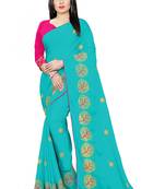 Sky Blue Embroidered Chiffon Saree With Blouse