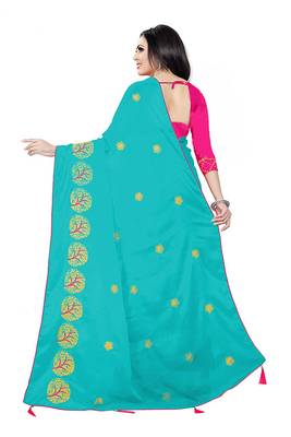 Sky Blue Embroidered Chiffon Saree With Blouse 3