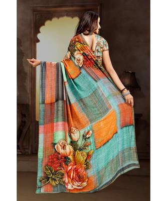 multicolor printed bemberg saree with blouse 2