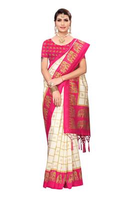 Pink and White Printed Mysore Art Silk Saree With Blouse 1