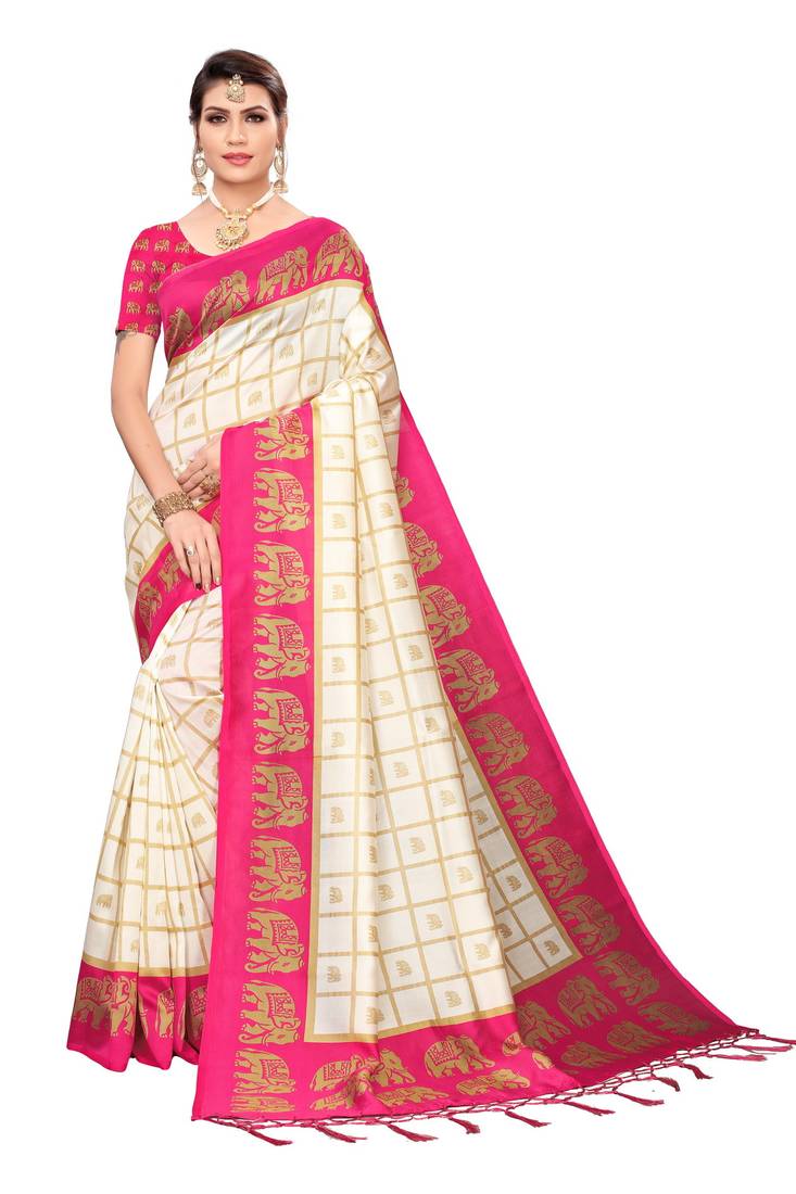 Pink and White Printed Mysore Art Silk Saree With Blouse