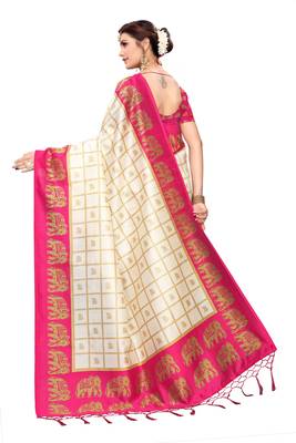 Pink and White Printed Mysore Art Silk Saree With Blouse 3