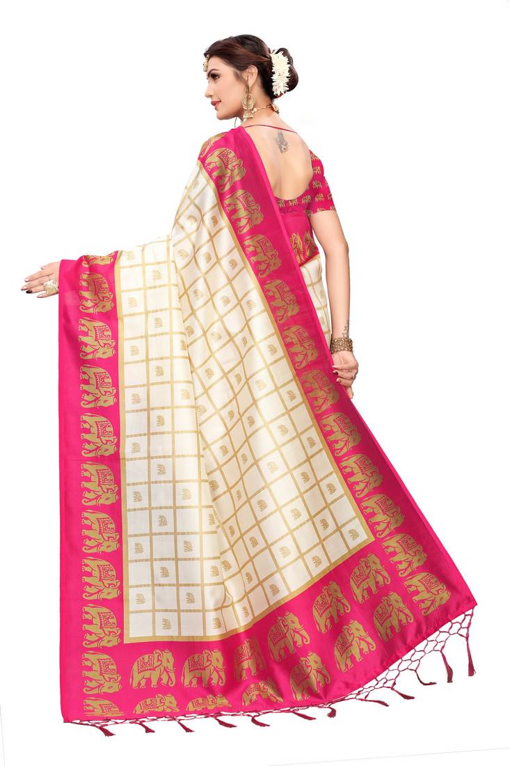 Pink and White Printed Mysore Art Silk Saree With Blouse