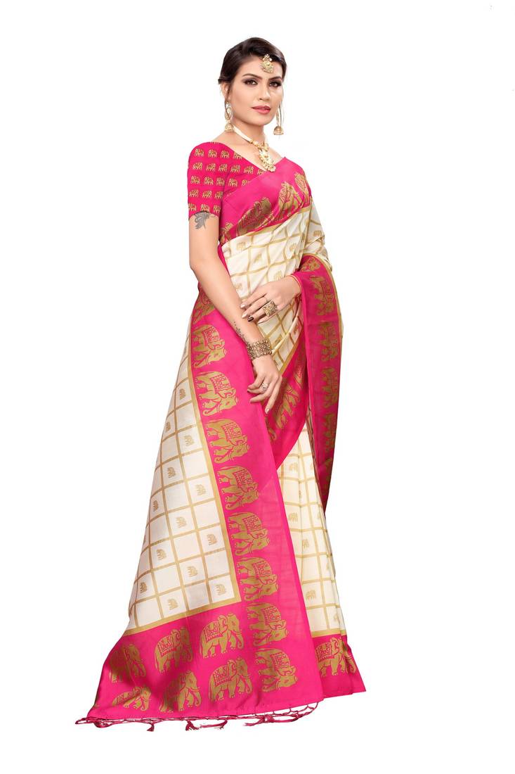 Pink and White Printed Mysore Art Silk Saree With Blouse