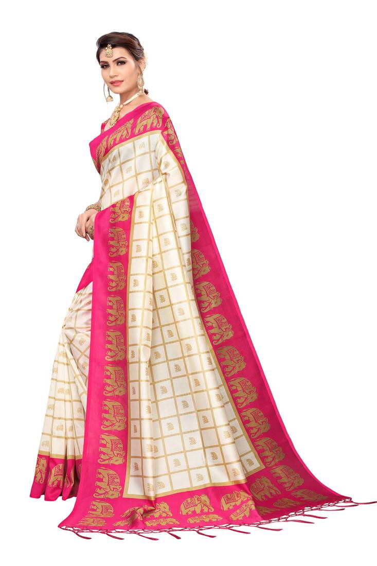 Pink and White Printed Mysore Art Silk Saree With Blouse