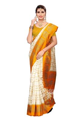 Yellow and White Printed Mysore Art Silk saree with blouse  1