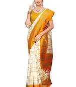 Yellow and White Printed Mysore Art Silk saree with blouse 