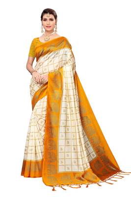 Yellow and White Printed Mysore Art Silk saree with blouse  2