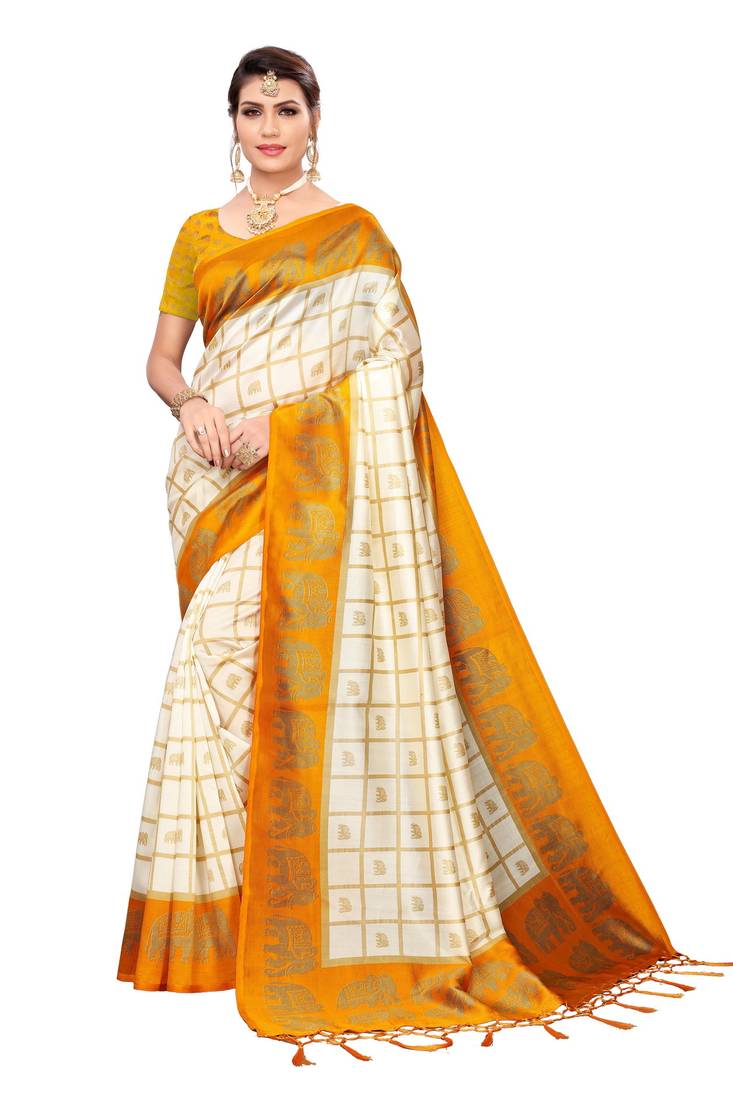Yellow and White Printed Mysore Art Silk saree with blouse 