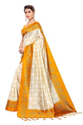 Yellow and White Printed Mysore Art Silk saree with blouse  3