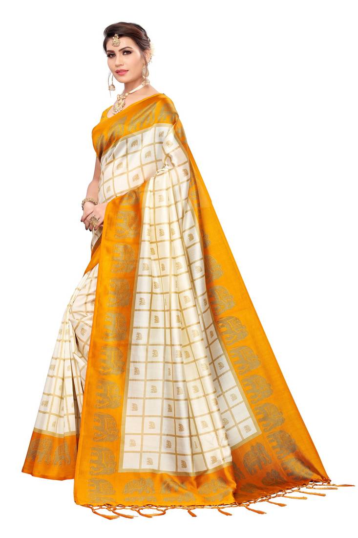 Yellow and White Printed Mysore Art Silk saree with blouse 