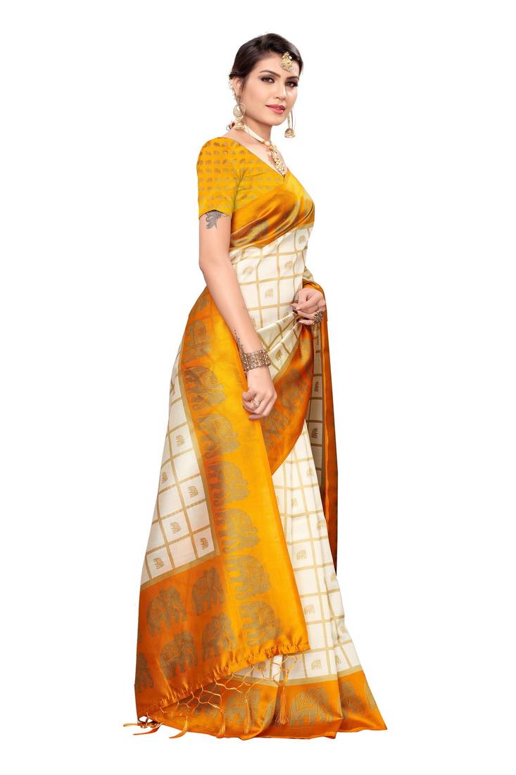 Yellow and White Printed Mysore Art Silk saree with blouse 
