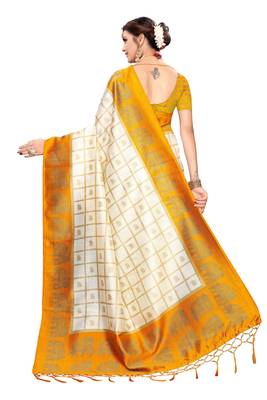 Yellow and White Printed Mysore Art Silk saree with blouse  5
