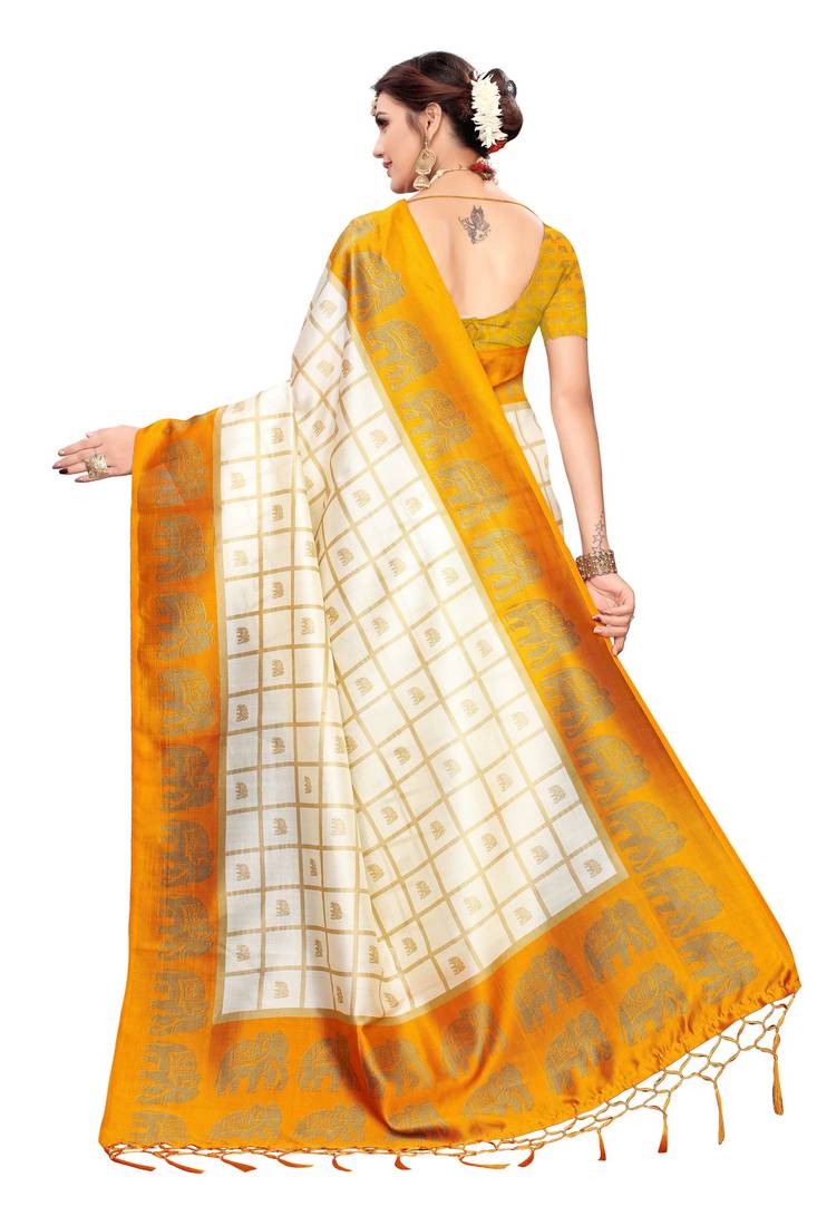 Yellow and White Printed Mysore Art Silk saree with blouse 