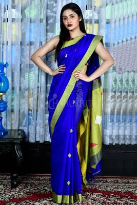 Zaffre Blue Blended Cotton Saree With Green Woven Pallu 1