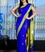 Zaffre Blue Blended Cotton Saree With Green Woven Pallu