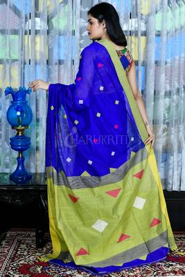 Zaffre Blue Blended Cotton Saree With Green Woven Pallu 2