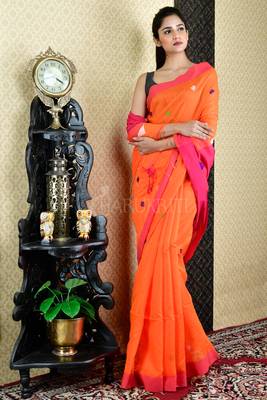 Orange Blended Cotton Saree With Deep Pink Pallu 1